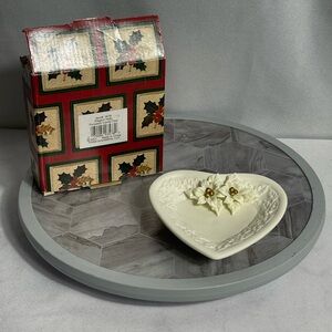 Vintage Heart-Shaped Porcelain Holly Candy Dish with Box, 6” x 5.5”